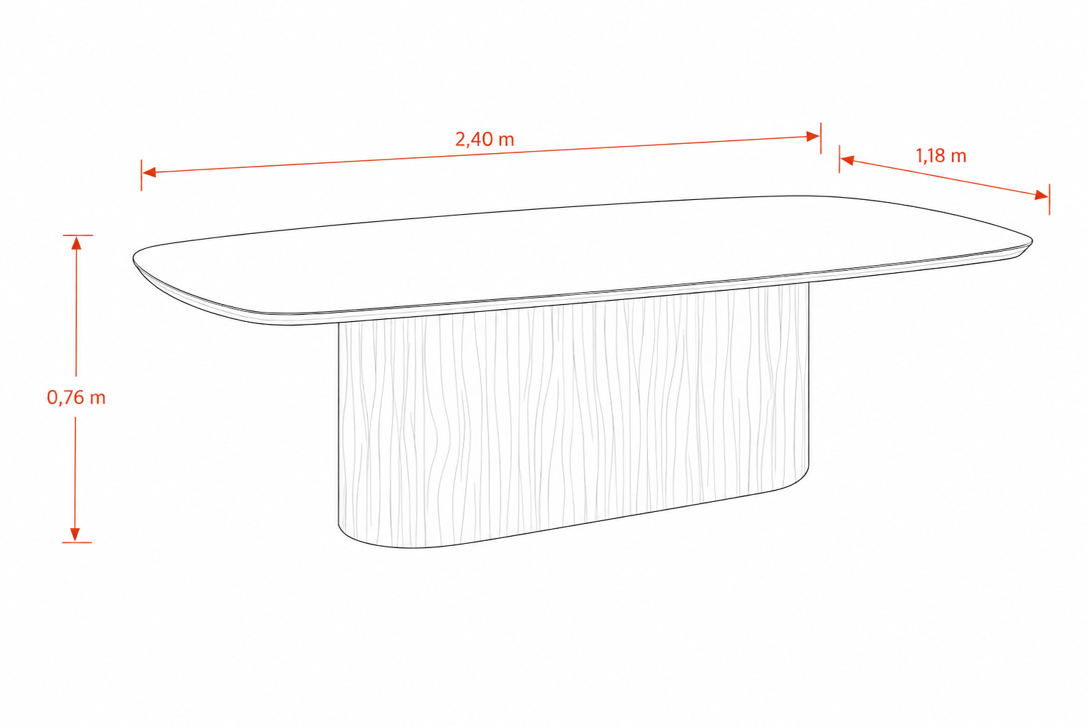dibujo-tecnico-mesa-comedor-fluir-neolith-basalt-black-petiribi-suquia Dibujo técnico de mesa de comedor Fluir con tapa Flow en Neolith Basalt Black de 6 mm, estructura de apoyo en MDF laqueado de 2,5 cm y base ovalada de madera maciza petiribí satinada. Medidas 2,40 × 1,18 × 0,76 m
