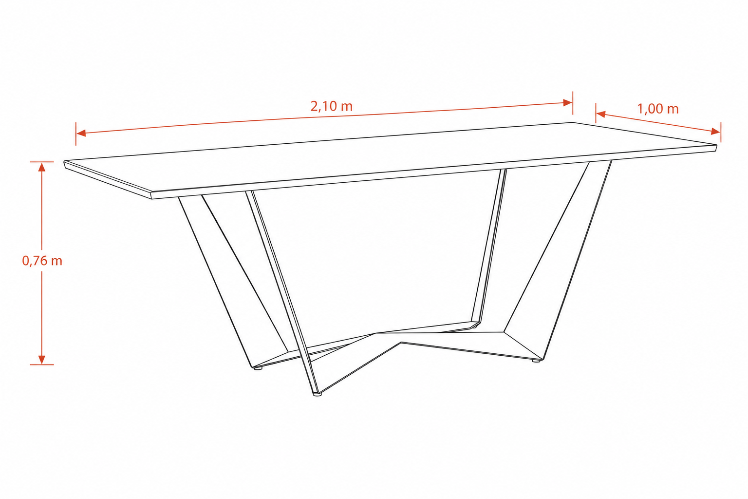 dibujo-tecnico-mesa-comedor-vertice-purastone-prima-ora-gold-hierro-negro-suquia Dibujo técnico de mesa de comedor Vértice con tapa rectangular en Purastone Prima Ora Gold de 6 mm, estructura de apoyo en MDF laqueado de 1,8 cm y base de hierro de planchuela negra. Medidas 2,10 × 1,00 × 0,76 m