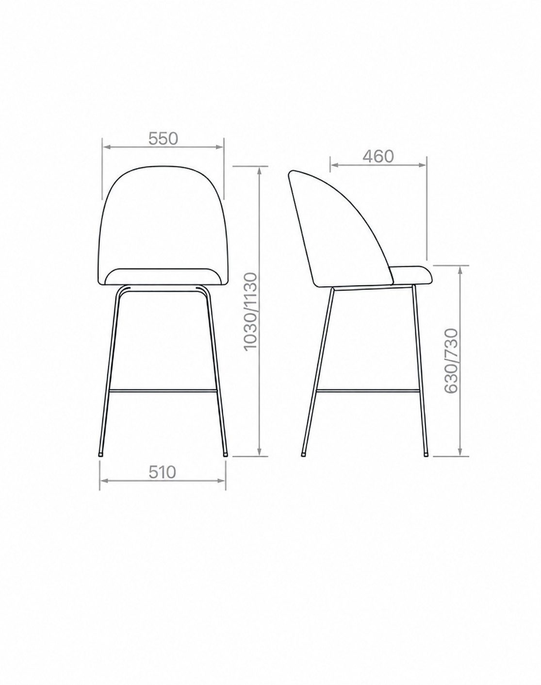 banqueta-caño-tapizada-medidas-dibujo-tecnico Dibujo técnico con medidas de banqueta de diseño con vistas frontal y lateral.