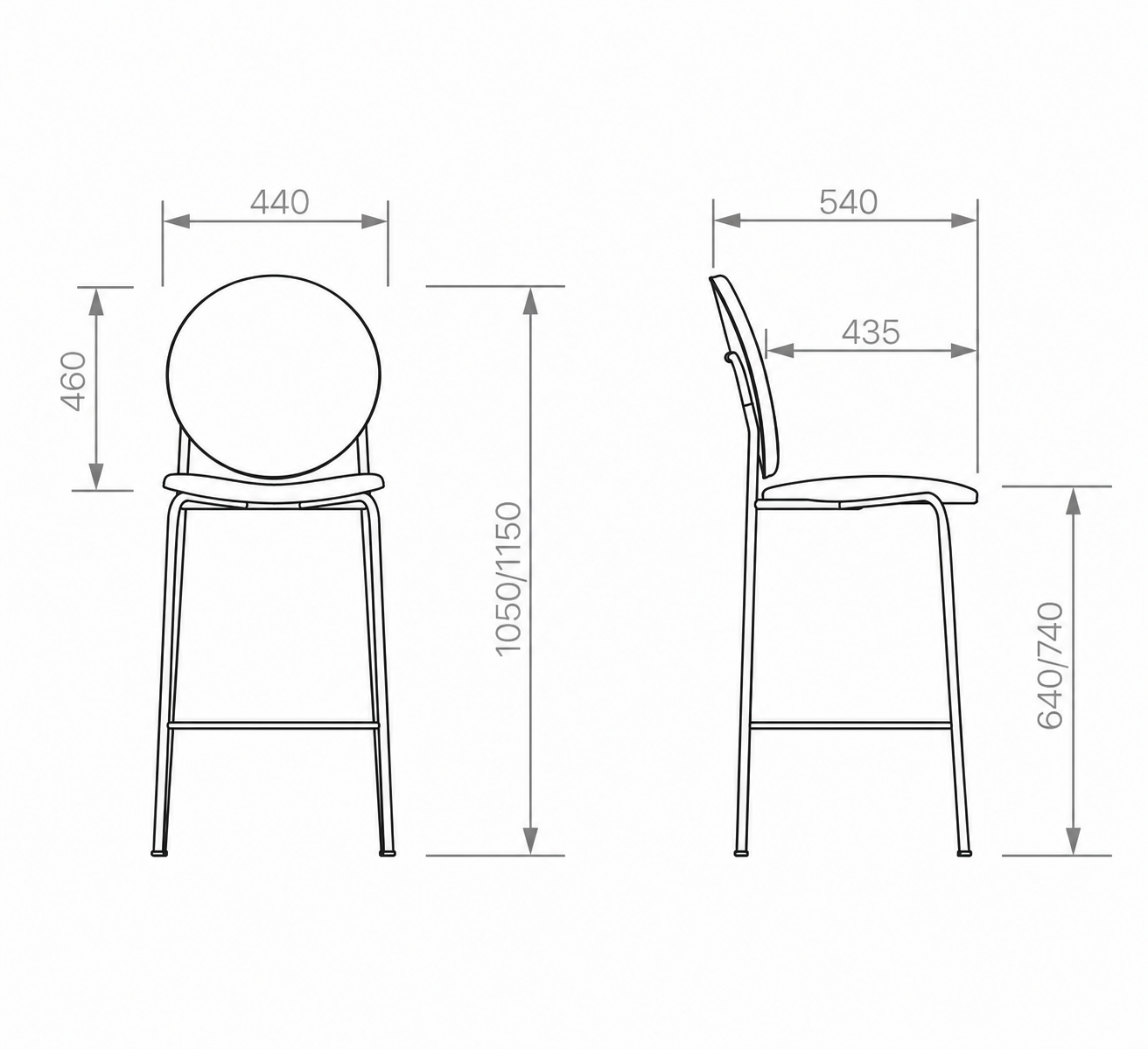 banqueta-medidas-dibujo-tecnico Dibujo técnico con medidas de banqueta de diseño con vistas frontal y lateral.