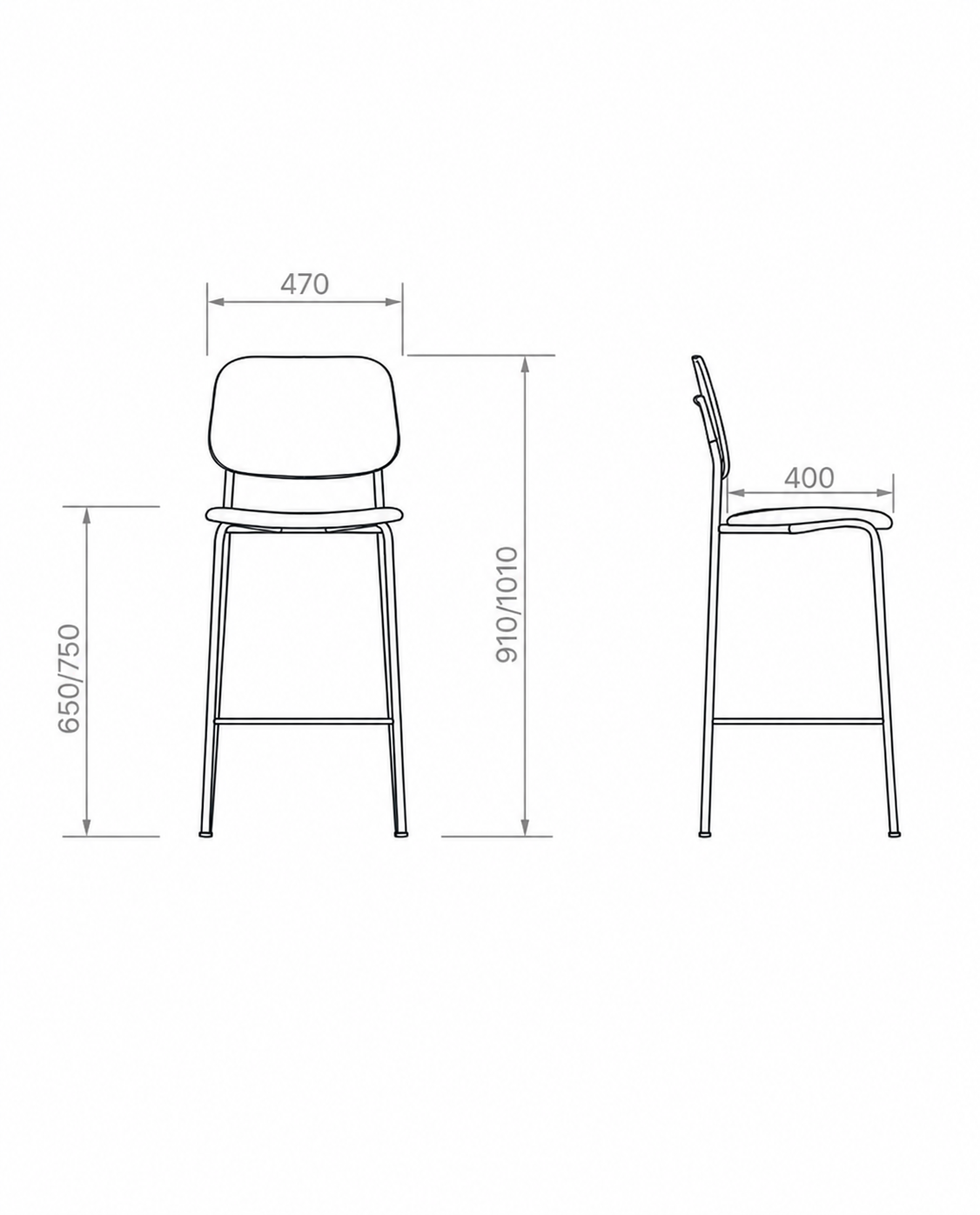 banqueta-medidas-dibujo-tecnico. Dibujo técnico con medidas de banqueta de diseño con vistas frontal y lateral.