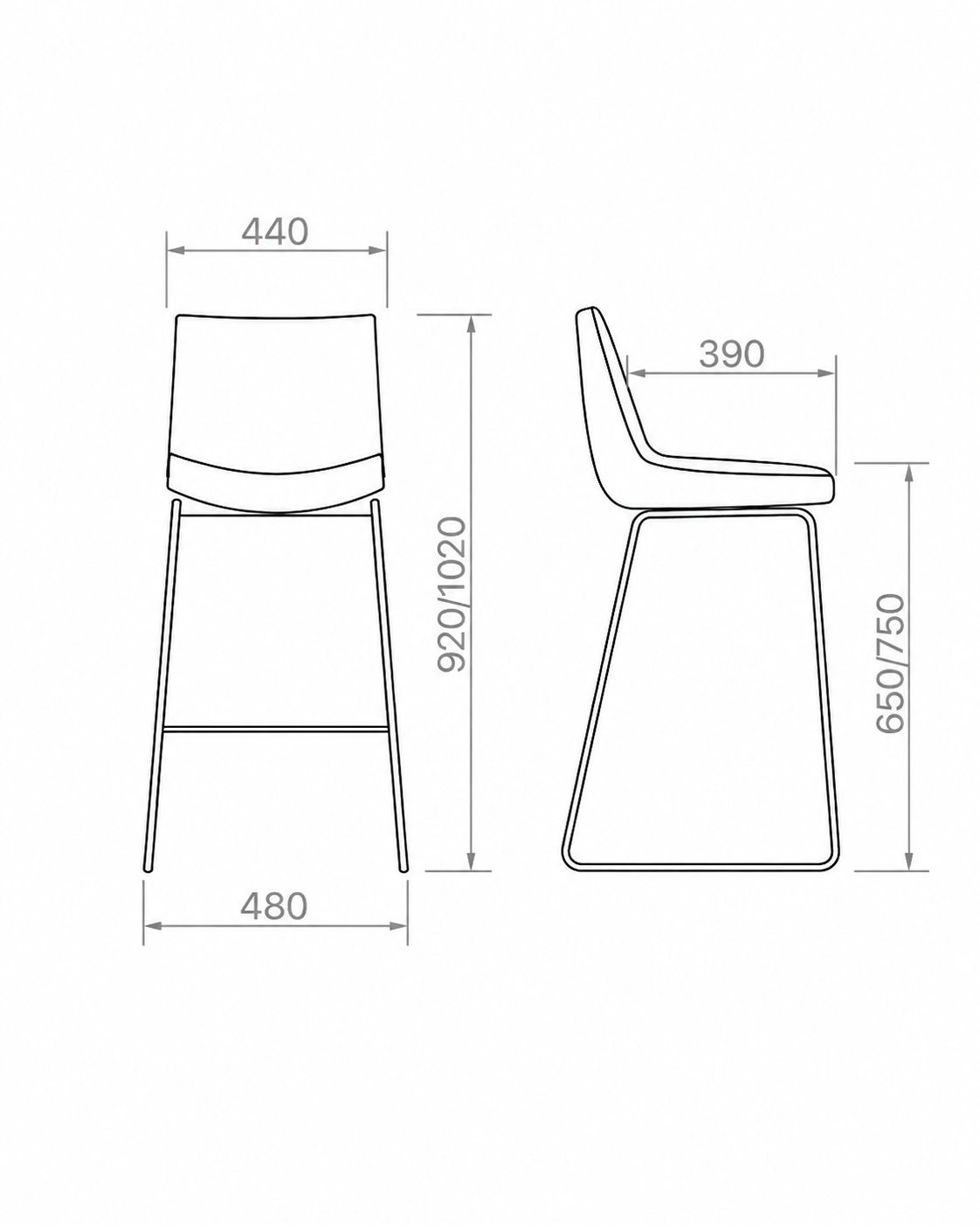 banqueta-tapizada-caño-medidas-dibujo-tecnico Dibujo técnico con medidas de banqueta de diseño con vistas frontal y lateral.