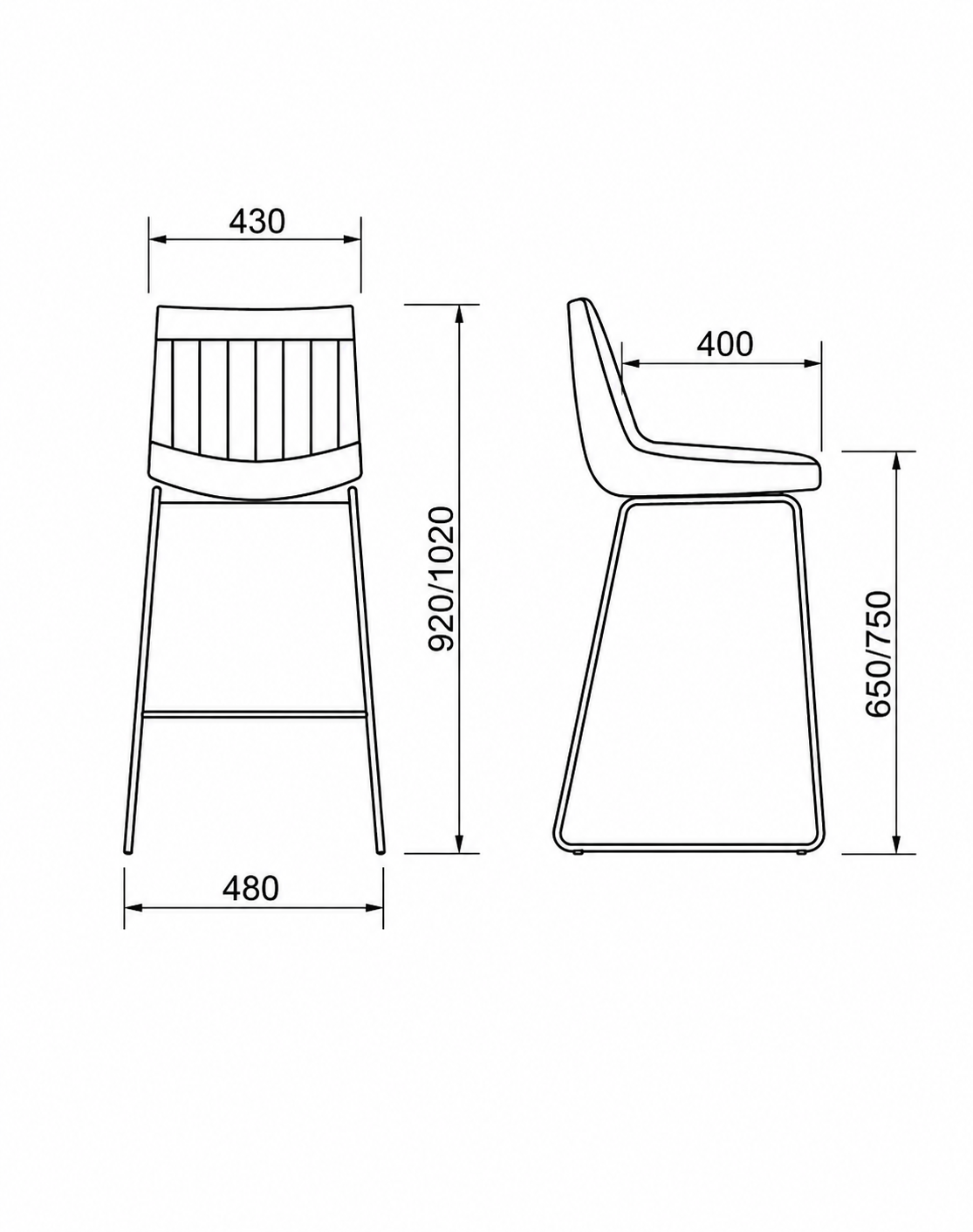 banqueta-tapizada-de-diseño-medidas-dibujo-tecnico Dibujo técnico con medidas de banqueta de diseño con vistas frontal y lateral.