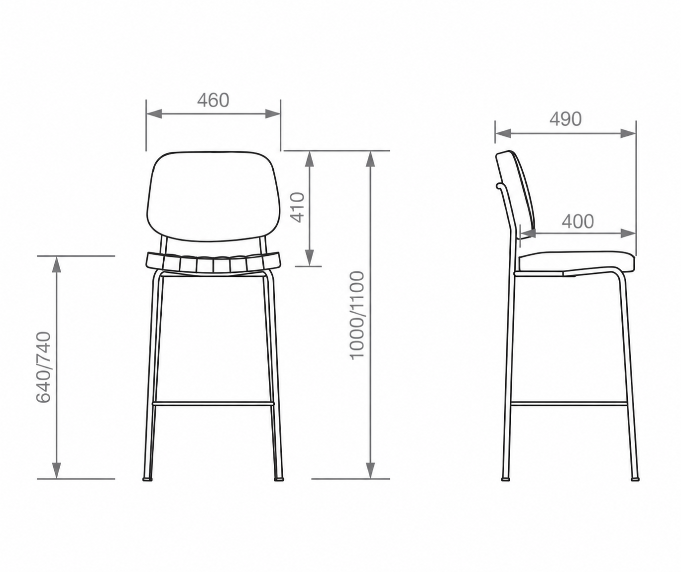 banqueta-tapizada-medidas-dibujo-tecnico Dibujo técnico con medidas de banqueta de diseño con vistas frontal y lateral.