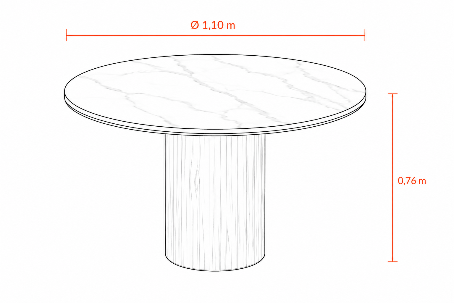 dibujo-tecnico-mesa-comedor-núcleo-redonda-neolith-calacatta-petiribi-suquia Dibujo técnico de la mesa de comedor Núcleo SUQUIA, con tapa redonda en Neolith Calacatta, base cilíndrica de madera maciza de petiribí y medidas generales