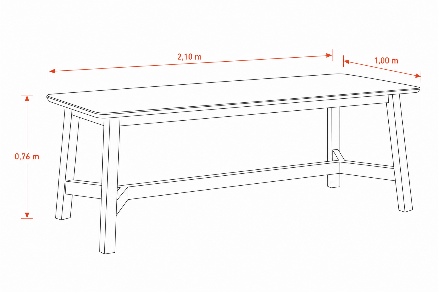 dibujo-tecnico-mesa-comedor-refugio-neolith-iron-copper-petiribi-suquia Dibujo técnico de mesa de comedor Refugio con tapa rectangular suavizada en Neolith Iron Copper de 6 mm, estructura de apoyo en MDF laqueado de 1,8 cm y base de madera maciza petiribí con travesaños elevados. Medidas 2,10 × 1,00 × 0,76 m