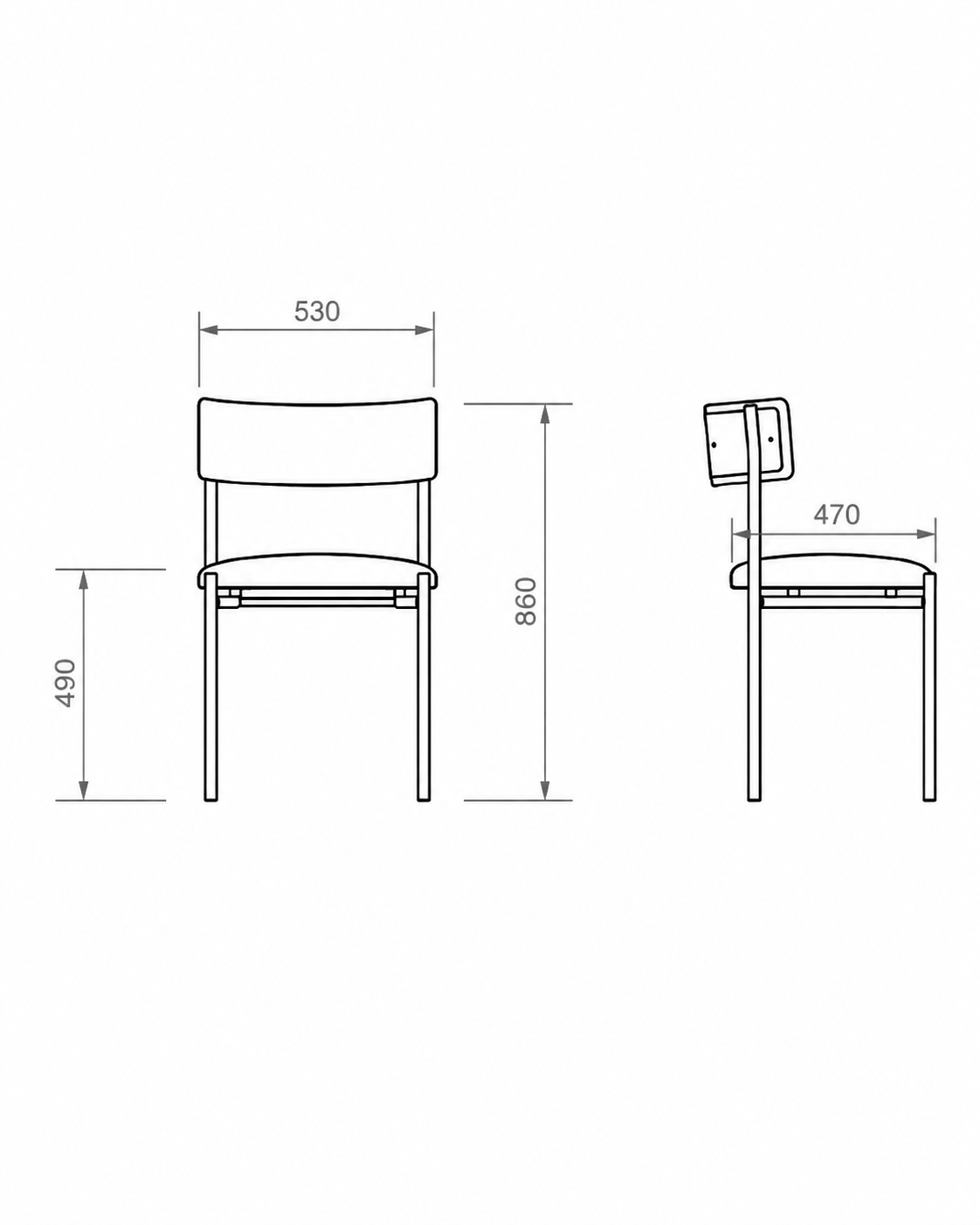 silla-de-comedor-caño-tapizada-de-diseño-contemporaneo-medidas-dibujo-tecnico Dibujo técnico con medidas de silla de comedor de diseño con vistas frontal y lateral.