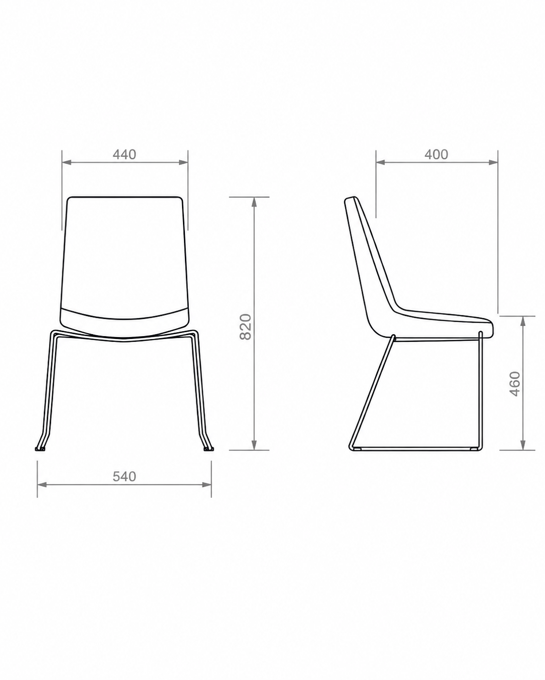 silla-de-comedor-de-diseño-contemporaneo-hierro-tapizada-medidas-dibujo-tecnico. Dibujo técnico con medidas de silla de comedor de diseño con vistas frontal y lateral.