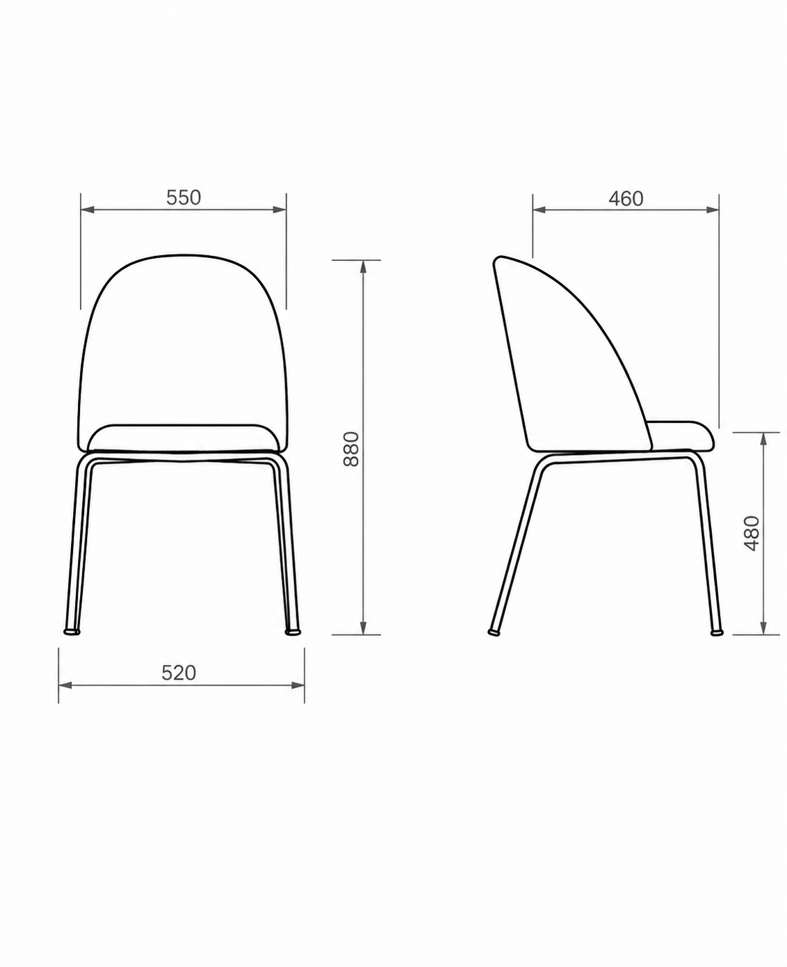 silla-de-comedor-de-diseño-contemporaneo-medidas-dibujo-tecnico. Dibujo técnico con medidas de silla de comedor de diseño con vistas frontal y lateral.