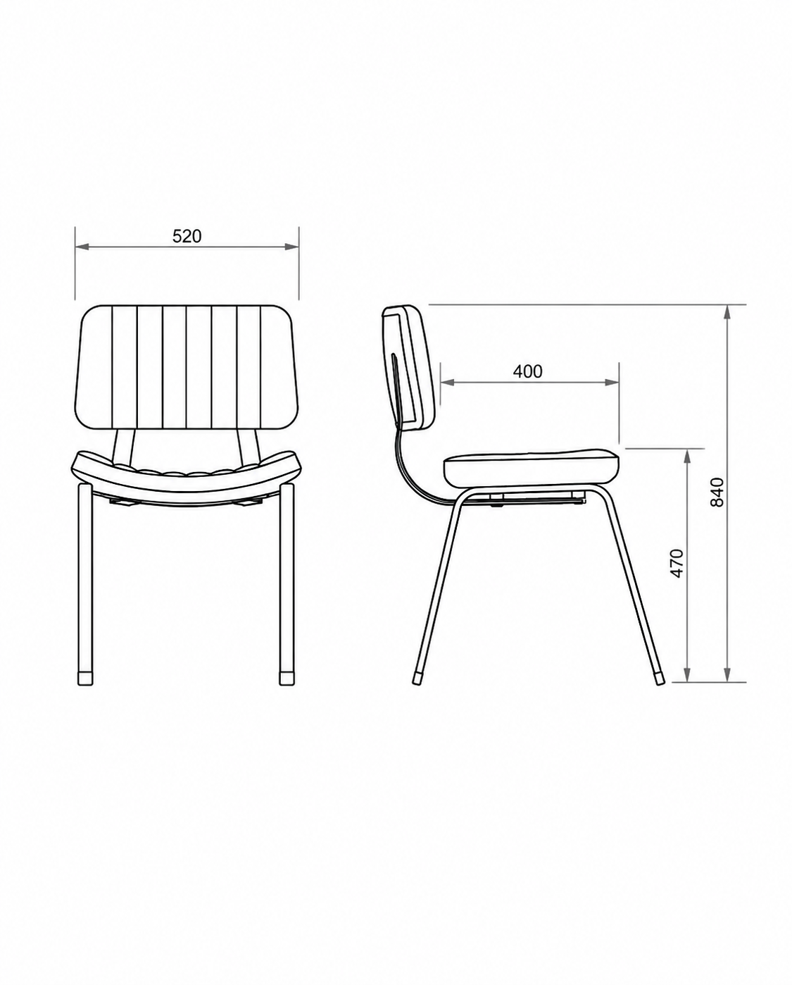 silla-de-comedor-de-diseño-contemporaneo-medidas-dibujo-tecnico Dibujo técnico con medidas de silla de comedor de diseño con vistas frontal y lateral.