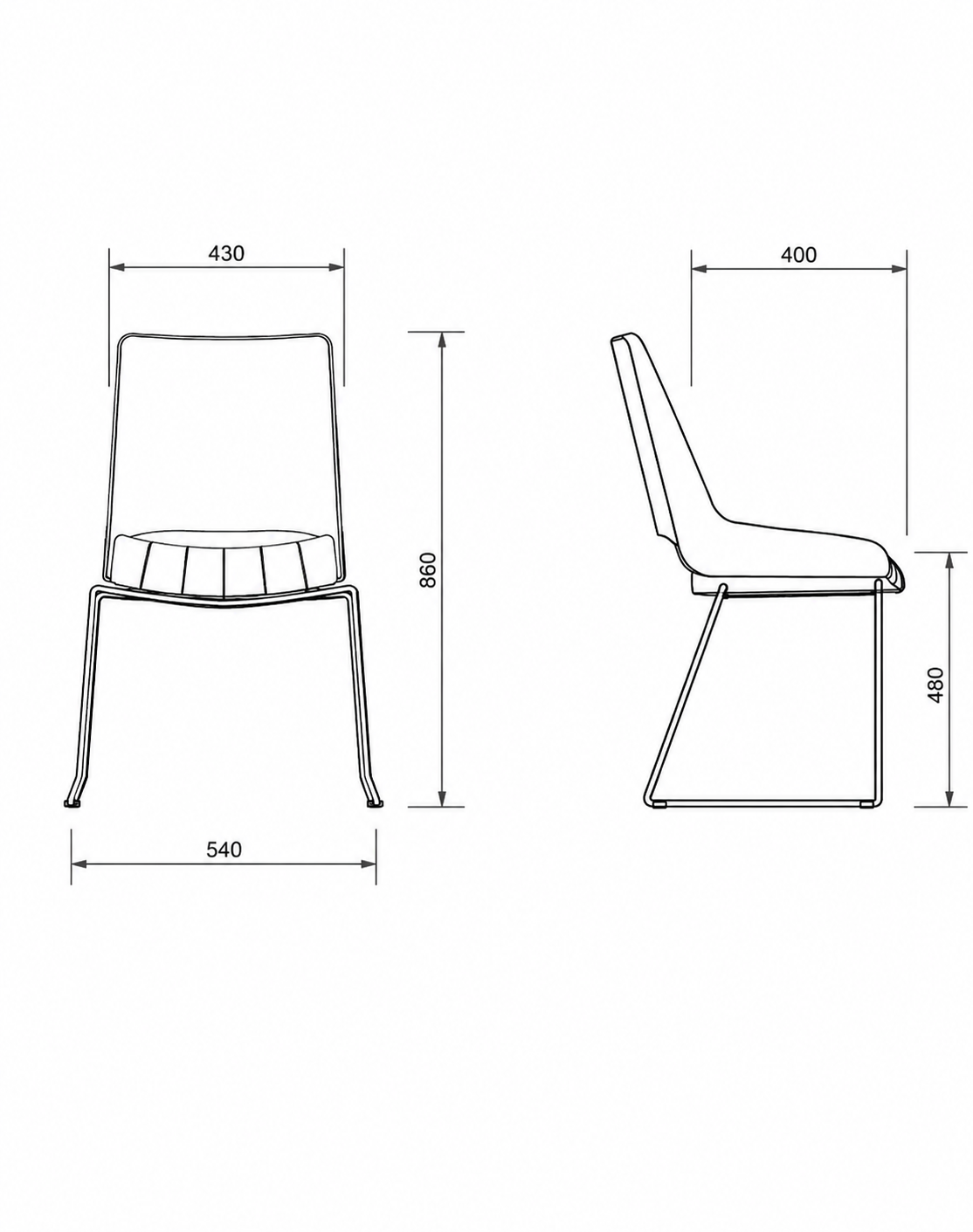 silla-de-comedor-de-diseño-contemporaneo-medidas-dibujo-tecnico-tapizada-hierro Dibujo técnico con medidas de silla de comedor de diseño con vistas frontal y lateral.