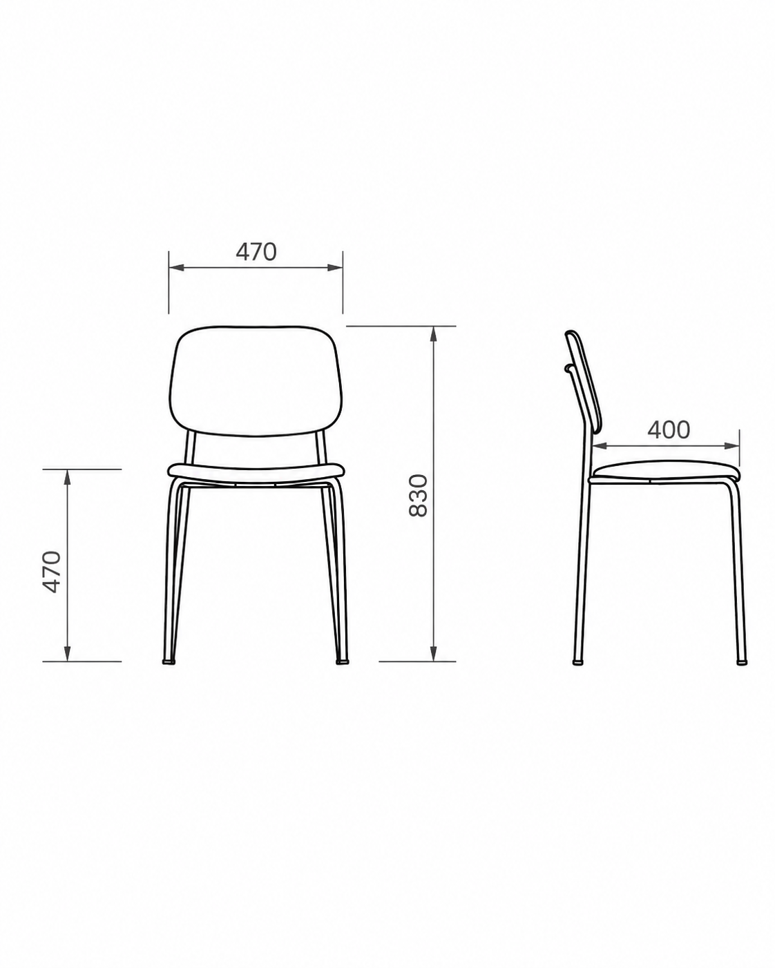 silla-de-comedor-de-diseño-contemporaneo-medidas-dibujo-tecnico.. Dibujo técnico con medidas de silla de comedor de diseño con vistas frontal y lateral.