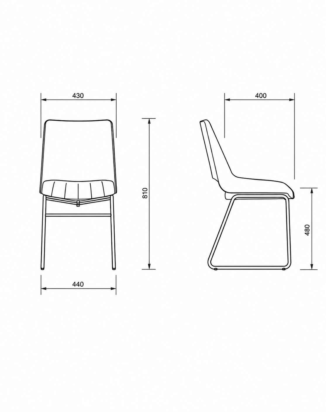 silla-de-comedor-de-diseño-contemporaneo-tapizada-caño-medidas-dibujo-tecnico Dibujo técnico con medidas de silla de comedor de diseño con vistas frontal y lateral.