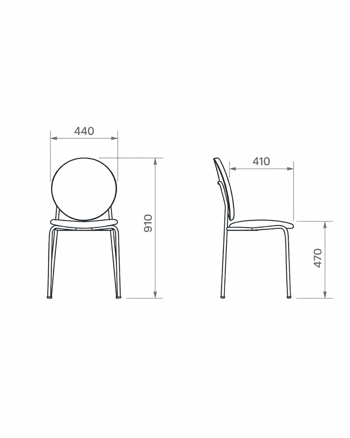 silla-de-comedor-de-diseño-contemporaneo-tapizada-medidas-dibujo-tecnico. Dibujo técnico con medidas de silla de comedor de diseño con vistas frontal y lateral.