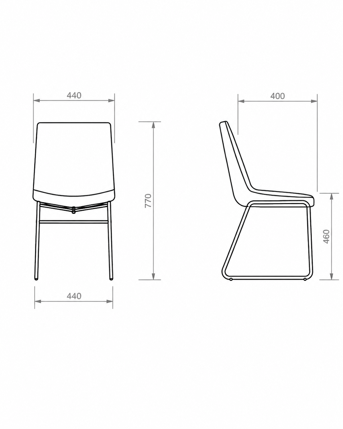 silla-de-comedor-de-diseño-contemporaneo-tapizada-medidas-dibujo-tecnico Dibujo técnico con medidas de silla de comedor de diseño con vistas frontal y lateral.
