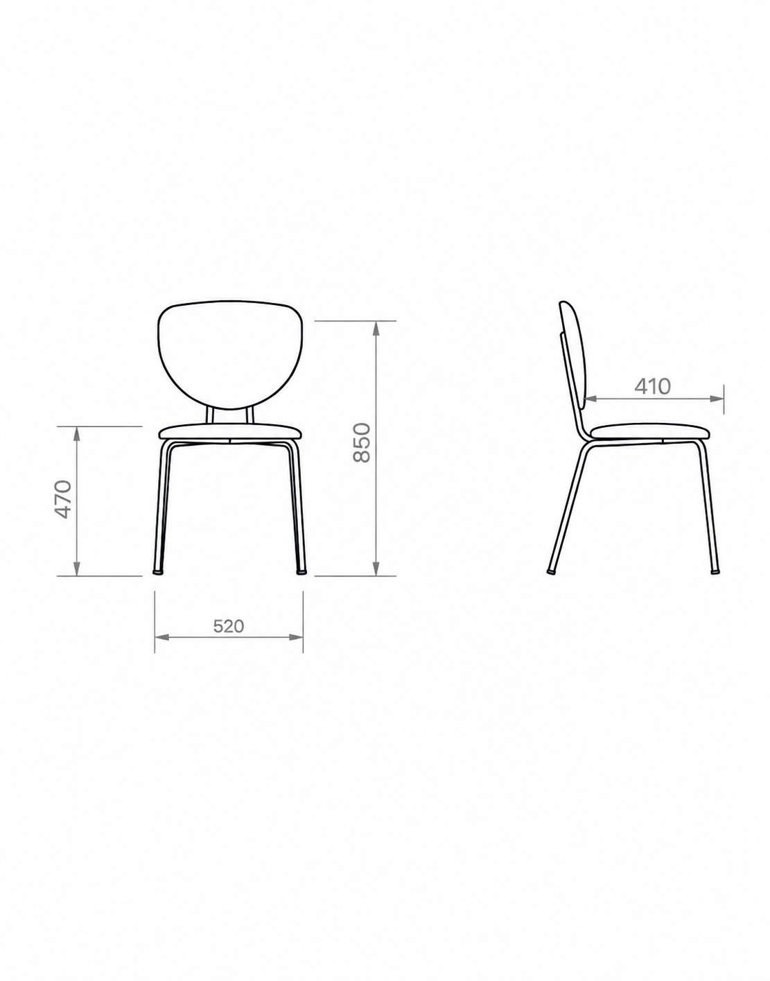 silla-de-comedor-de-diseño-contemporaneo-tapizada-medidas-dibujo-tecnico.. Dibujo técnico con medidas de silla de comedor de diseño con vistas frontal y lateral.