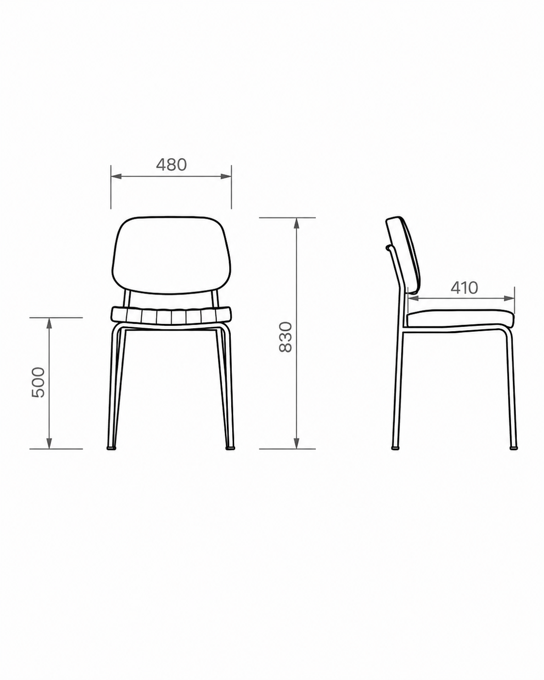 silla-de-comedor-tapizada-de-diseño-contemporaneo-medidas-dibujo-tecnico Dibujo técnico con medidas de silla de comedor de diseño con vistas frontal y lateral.