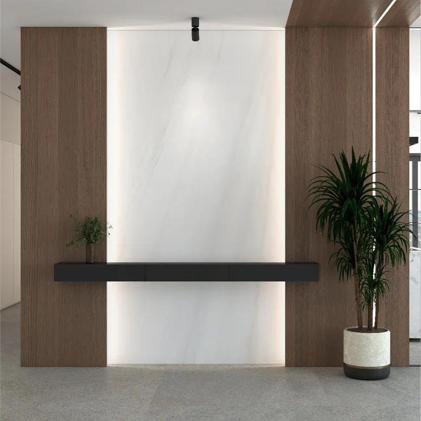 purastone-prima-bianco-lasa-revestimiento-pared-hall-entrada Purastone Prima Bianco Lasa, superficie sinterizada en revestimiento pared hall entrada