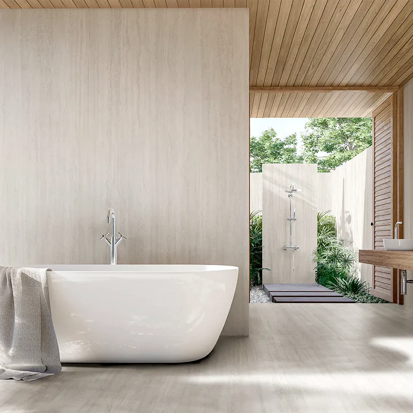 purastone-prima-travertino-navona-revestimiento-pared-y-psio-baño Purastone Prima Travertino Navona, superficie sinterizada en revestimiento de pared y piso en baño