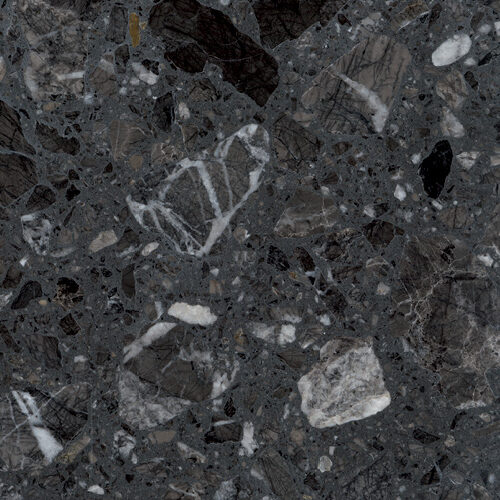 Terrazo Grigio Carnico con base gris oscura y fragmentos de mármol en tonos grises, negros y blancos, ideal para baños, mesas, pisos y revestimientos.