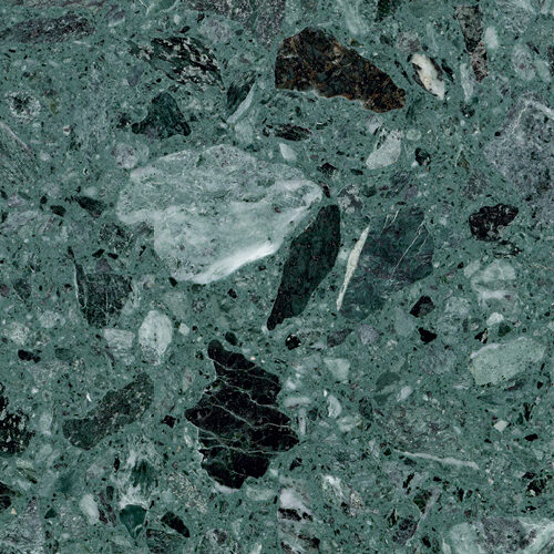 terrazo-verde-alpi Terrazo Verde Alpi con base verde y fragmentos de mármol en tonos verdes, blancos, grises y negros, ideal para baños, mesas, pisos y revestimientos.